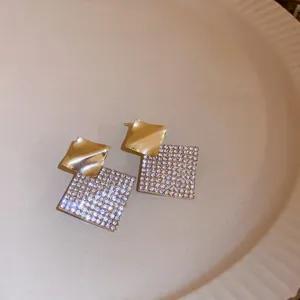 Geometric rhinestone drop earrings, French style luxury gold and crystal fashion jewelry for women