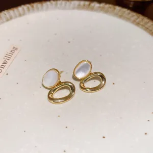 French light luxury gold-plated earrings with white shell inlay, elegant niche design jewelry for women.