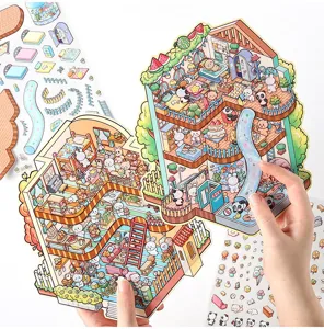 3D stereo cartoon house sticker book with cute animal figures for kids decor and DIY fun.