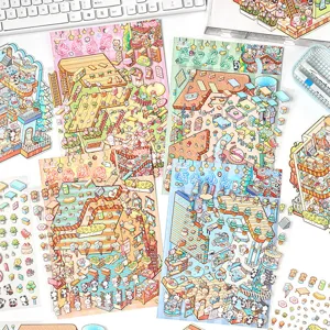Cartoon scene 3D stereo sticker sets, cute miniature house handbook DIY decoration materials.