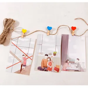 Wooden photo clips set with colorful heart wood pins decorative memo hemp rope for wall