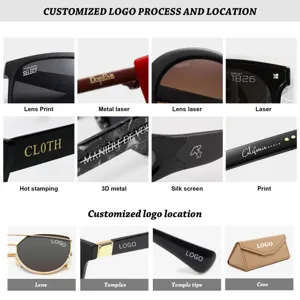 Guía de proceso de impresión láser y logotipo de gafas de sol personalizadas con varias opciones.