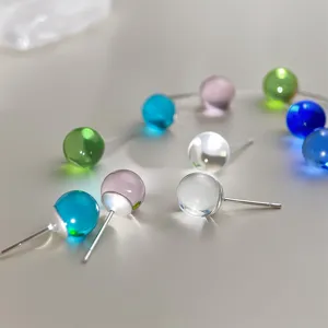 Colorful glass ball stud earrings, minimalist transparent crystal ball ear studs for women.