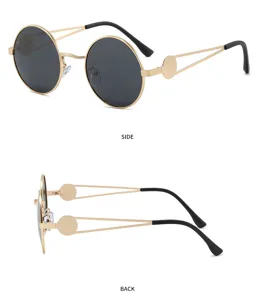 Détail de lunettes de soleil rondes en métal, vue latérale et arrière, monture élégante.