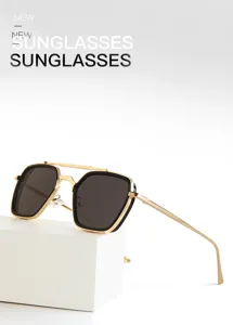 Close-up detail shot of stylish square metal sunglasses featuring a double bridge and dark lenses.