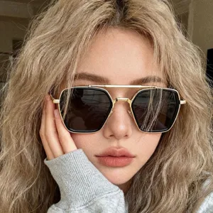 Retro Double Bridge Metal Frame Sunglasses For Women Fashion Polygon UV400 Protection Sun Glasses Outdoor Eyewear
