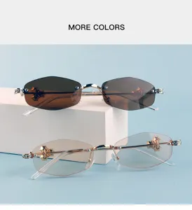 Detailed view of luxury polygonal rimless sunglasses with rhinestones and cross temple decor.