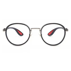 Retro round anti-blue light reading glasses for men and women with metal frame and red details.