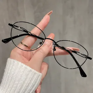 Korean style black glossy round anti-blue light glasses frame for women daily wear.