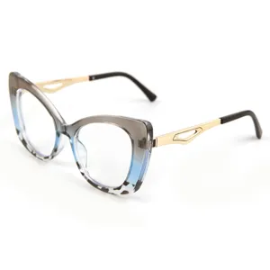Retro cat eye glasses for women, gradient blue frame and gold hollow metal temples stylish.