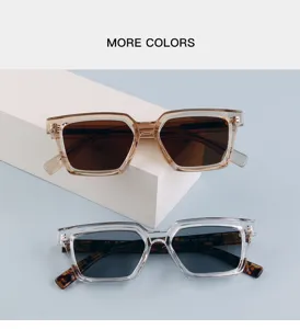 Detailed look at trendy square transparent frame sunglasses featuring stylish pin temple design.