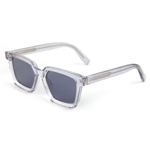 Transparent frame square sunglasses with dark lenses and metal temple pin details for men