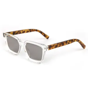 Men stylish square sunglasses with clear transparent frame and tortoise shell temples main view.