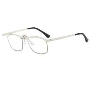 Gafas de lectura plegables de metal plateado con patillas negras, estilo retro anti luz azul.