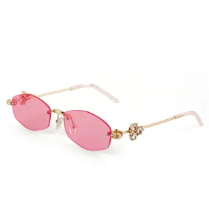 Fashion European polygon rimless sunglasses women pink lens gold crystal flower temples