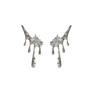 Niche design liquid teardrop zircon earrings molten silver earrings detail shot for women