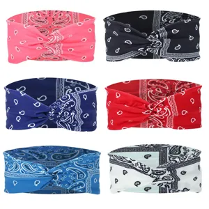 Paisley print twisted stretch sports headband elastic hair band set for women accessories