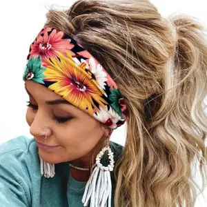 Floral print headband detail, bohemian style hair accessory for daily wear and sports.