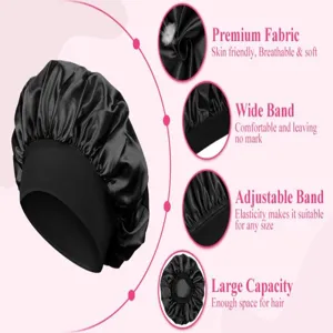 Schwarze Satin Schlafkappe mit breitem elastischem Band und großem Volumen für Haarschutz.