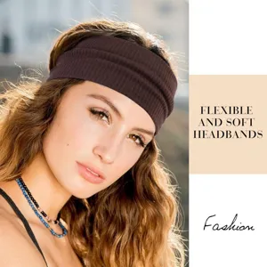 Solid color knitted headband for women, soft elastic sports fitness hair accessory brown.