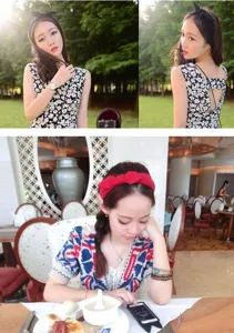 Close-up detail of fabric bow headband, comfortable hair accessory worn by model in lifestyle scene.