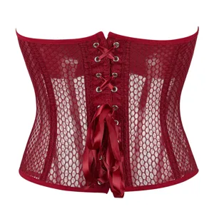Detailansicht des roten Mesh-Korsett-Tops mit Rückenschnürung und atmungsaktivem Stoff.