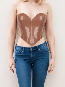 Women sexy heart shape strapless glossy leather bustier corset top fashion party wear
