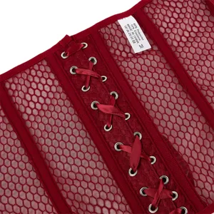 Nahaufnahme des roten Mesh-Korsetts mit Satinschnürung und atmungsaktiver Textur.