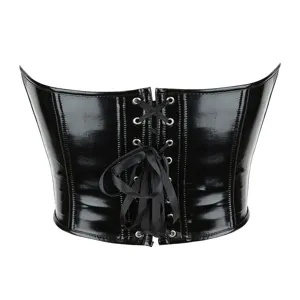 Black patent leather corset detail showing front lace-up design with metal eyelets and shiny finish.