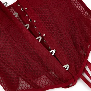 Rotes Mesh Korsett Top mit vorderem Metallverschluss, transparente Spitzen Details Damen.