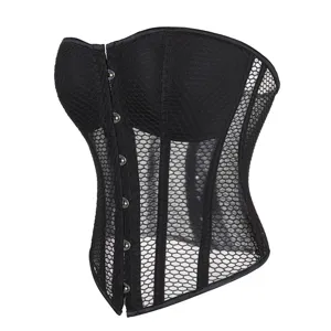 Schwarzes Mesh-Korsett-Top mit Cups und Vorderverschluss für atmungsaktive Figurformung.