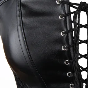 Close up of black faux leather lace up corset, featuring metal eyelets and woven cords.