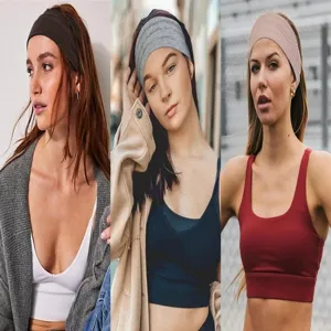 Detail view of solid color knit headbands, elastic sports hair bands for fitness daily wear.