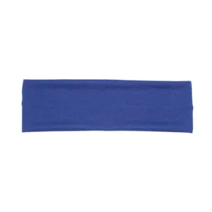 Close-up detail of the solid blue wide sports headband, showing soft elastic fabric texture.