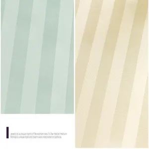 Thickened polyester vertical stripe shower curtain fabric detail closeup in light green and beige.