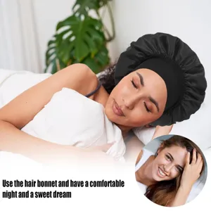 Breiter Satin Schlafhaube für Haarpflege, bequeme schwarze Nachtmütze für Damen und Damen.