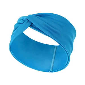 Detailansicht des blauen elastischen Knoten-Stirnbandes, feine Stoffstruktur im Nahbereich.