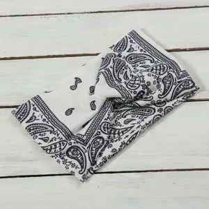 Black and white paisley print stretchy knotted headband for women daily and sports wear.