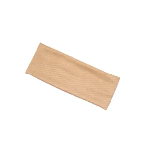 Detailed shot of a ribbed knit elastic headband in khaki, showing soft texture and fine weave.