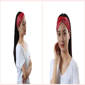 Red paisley print elastic cross headband, wide hair band for women sports and daily wear.