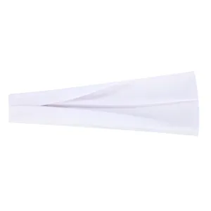 Weißes Sport Stirnband Detail, elastisches schweißabsorbierendes Fitness Yoga Haarband Nahaufnahme.