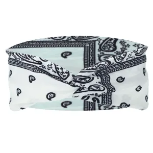 Detailed view of black and white paisley headband, elastic twist design, soft hair accessory.