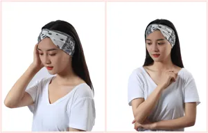 Womens paisley print elastic cross headband wide hair band vintage turban hair accessory.