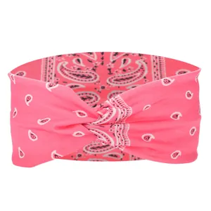 Pink paisley printed elastic headband, fashionable cross twist turban for sports and daily wear.