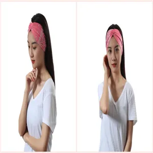Pink paisley headband for women, wide elastic cross hair band, stylish bandana hair accessory.