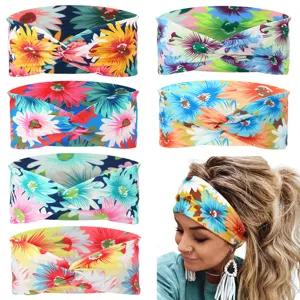 Boho Floral Print Wide Headband Cross Knotted Hair Band Stretch Polyester Hair Accessories For Women Sports Daily Wear