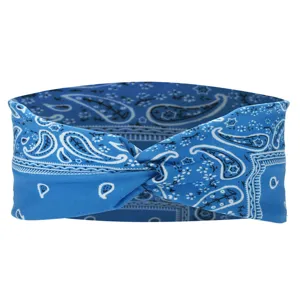 Blue paisley printed elastic twist headband, wide fashion hair band for daily wear and sports.