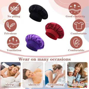 Detailed view of satin sleep bonnets featuring high elasticity and breathable smooth fabric.