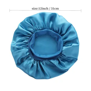 Blue satin hair bonnet for sleeping, high elasticity sleep cap, 12 inch large hair care cap.