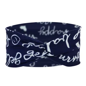 Dunkelblaue gedrehte Sport-Stirnband mit weißem Textdruck, atmungsaktives Baumwoll-Yoga-Haarband.